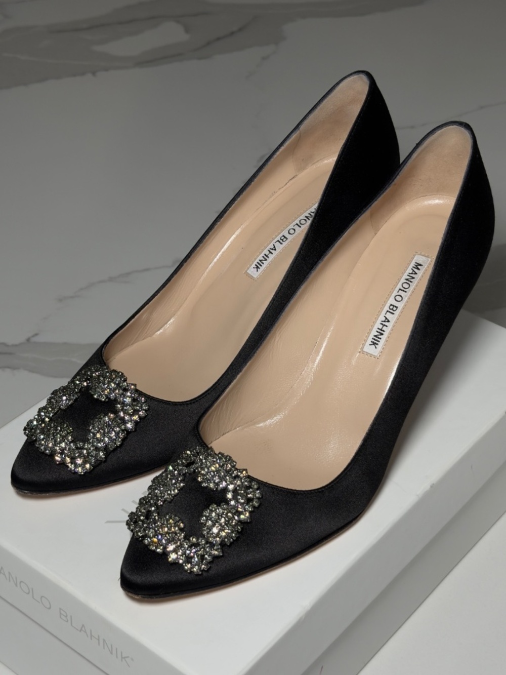 Manolo Blahnik Black Satin Pumps with Crystal Buckle - Picture 2 of 6